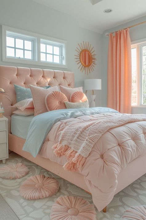 Room Ideas Teal Walls, Cute Ways To Set Up Your Bedroom, Colorful Rooms Ideas, Preppy Girl Room Ideas, Coral Room Ideas Bedrooms, Pastel Color Room Ideas, Pink Beach Aesthetic Room, Cute Girly Bedroom Ideas, Cute Preppy Room Ideas