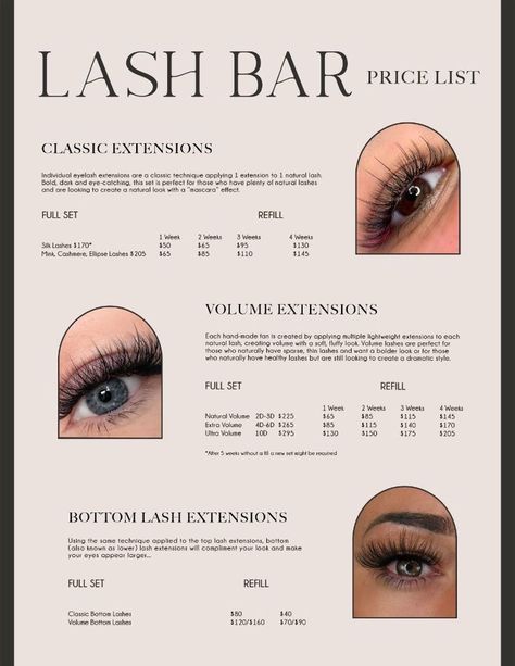 Lash Extension Price List, Price List Ideas, Beauty Brand Ideas, Volume Extensions, Eyelash Extensions Prices, Esthetician Inspiration, Lash Bar, Price List Design, Brow Care