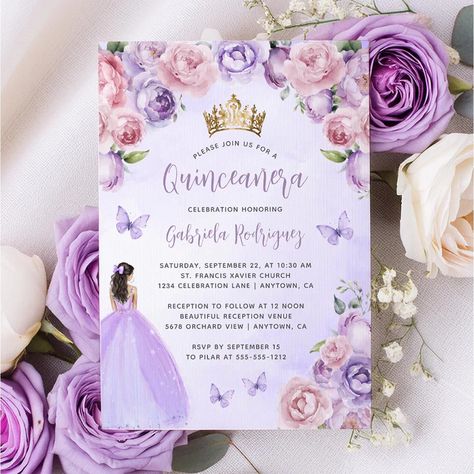 Purple Blush Floral Watercolor Quinceañera Invitation | Zazzle Quince Colors, Purple Watercolor Background, Purple Princess Dress, Purple Quince, Quinceanera Pink, Quinceañera Invitation, Pink Quince, Purple Invitations, Quince Invitations