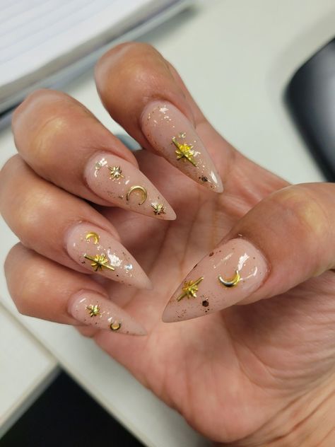 Nude acrylic. Glitter gel, moon and stars Moon Decal, Moon Nails, Gem Nails, Star Nails, Glitter Gel, Moon And Stars, Chrome Nails, Gold Nails, Cute Acrylic Nails