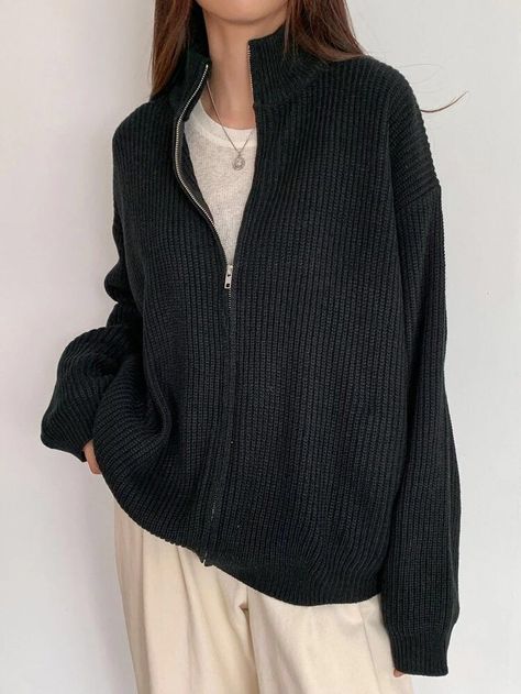 Zip Up Cardigan, Fits Clothes, Late Fall, Cardigan Outfits, Going Out Outfits, 가을 패션, Petite Outfits, Black Style, Funnel Neck