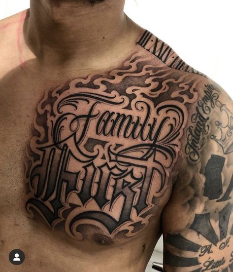 Family First Chest Tattoo, Shoulder Lettering Tattoo, Family First Tattoo For Men, Family Over Everything Tattoo Men, Family Guy Tattoo, Family Over Everything Tattoo, Chest Tattoo Fonts, Chest Tattoo Lettering, Realistic Eye Tattoo