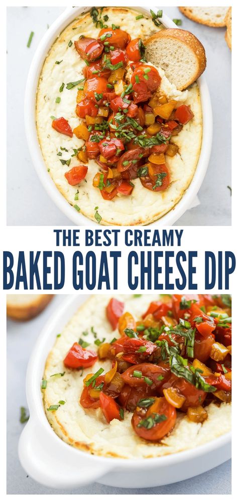 This creamy goat cheese dip with a balsamic pepper and sweet tomato topping will be the star of your holiday appetizer menu this year. Get ready to dip in with crispy pita chips or toasty baguettes! #appetizers #partyappetizers #holidayappetizer #partyfood #cheesedip #bakedcheesedip #goatcheese #bruschetta Bruschetta Goat Cheese Dip, Feta Goat Cheese Dip, Goat Cheese And Tomato Dip, Goats Cheese Appetizer, Feta Cheese Grinder Dip, Creamy Goat Cheese Dip, Three Cheese Tomato Bruschetta Dip, Goat Cheese Veggie Dip, Baked Feta Dip Appetizer Recipes