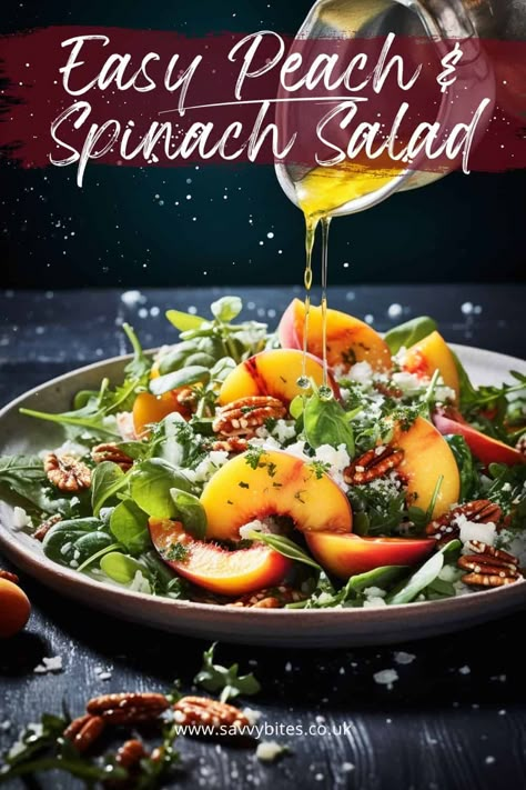 Peach Spinach Salad Recipes, Spinach And Peach Salad, Green Salad With Peaches, Peach Spinach Salad, Canape Recipes, Savvy Bites, Peach Salad Recipes, Main Dish Salad Recipes, Bbq Side Dish