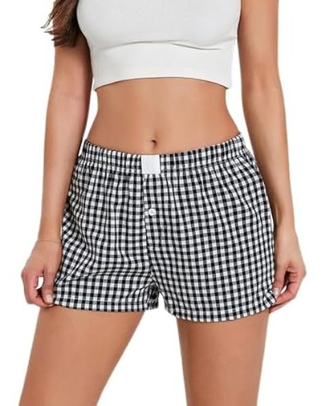 Meihuida Women Gingham Boxer Shorts Y2k Cute Stripes Plaid Button Elastic Waist Lounge Boxers Black S at Amazon Women’s Clothing store Gingham Pajamas, Boxer Shorts For Women, Boxers For Women, Pajamas Bottoms, Pajamas Shorts, Boxers Shorts, Shorts Y2k, Y2k Cute, Summer Streetwear