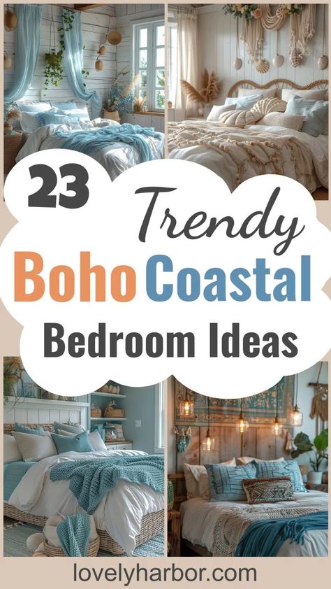 23 Trendy Boho Coastal Bedroom Ideas You Will Love 2 Water Inspired Bedroom, Bohemian Bedroom Decor Blue, Coastal Vibe Bedroom, Serene Master Bedrooms Decor, Coastal Boho Bedroom Ideas, Lady Bedroom Ideas, Coastal Master Bedrooms Decor, Beachy Bedroom Ideas Coastal Style, Teen Beach Bedroom