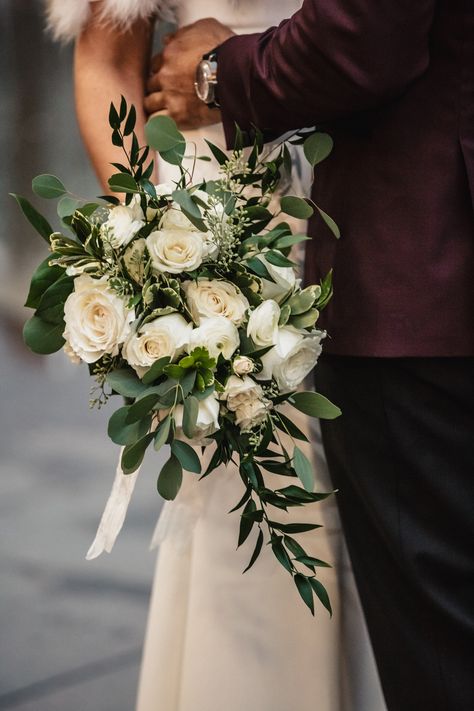 Green And Silver Wedding Bouquet, Green White And Gold Bouquet, Bridal Bouquet Winter Wedding, Dark Green And White Bouquet, Bridal Bouquet Classic, White And Green Bridal Bouquet, Cream Wedding Bouquet, Bridal Party Color Schemes, Green Bridal Bouquet