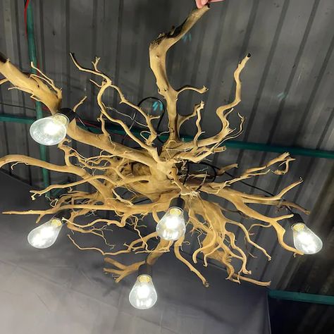 Tree Branch Chandelier Bedroom, Driftwood Lamp Hanging, Tree Root Chandelier, Driftwood Hanging Lights, Driftwood Light Fixture, Branch Light Fixture, Hanging Light Fixtures Bedroom, Driftwood Lighting, Light Fixtures Bedroom