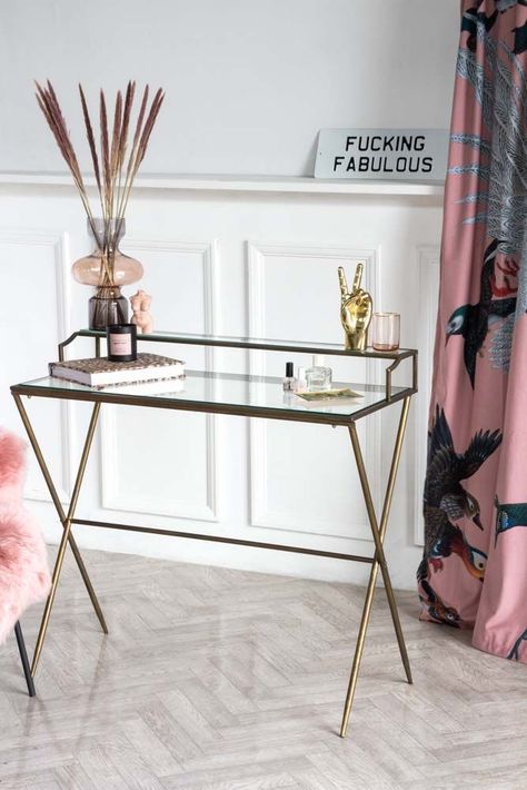 Glass Desk/Dressing Table With Antique Gold Frame | Rockett St George Small Glass Desk, Bedside Table Contemporary, Desk Dressing Table, Antique Gold Frame, Wall Mounted Bar, Glass Top Desk, Glass Desk Office, Gold Desk, Bar Shelf