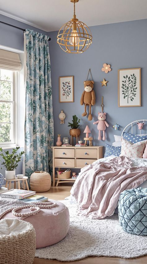 Blue Boho Girls Bedroom Light Blue And Purple Bedroom, Pink Blue Yellow Bedroom, Lavender And Blue Bedroom, Preteen Girls Bedroom Ideas Blue, Nesting With Grace Bedroom, Girls Colorful Bedroom Ideas, Teal Kids Bedroom Ideas, Baby Blue Girls Bedroom, Blue And Pink Bedroom For Kids