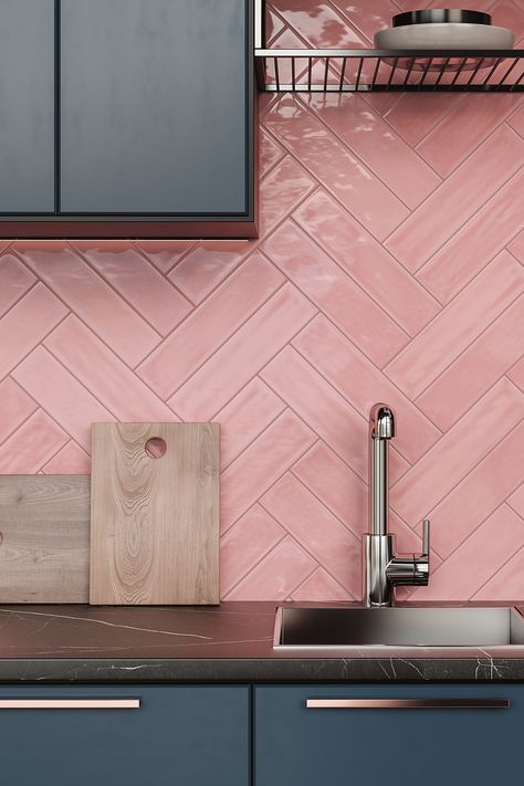 Kitchen Tiles Ideas, Kitchenette Ideas, Architectural Ceramics, Tiles Ideas, Kitchen Tiles Design, Pink Tiles, Kitchen Splashback, Kitchen Wall Tiles, Pink Kitchen