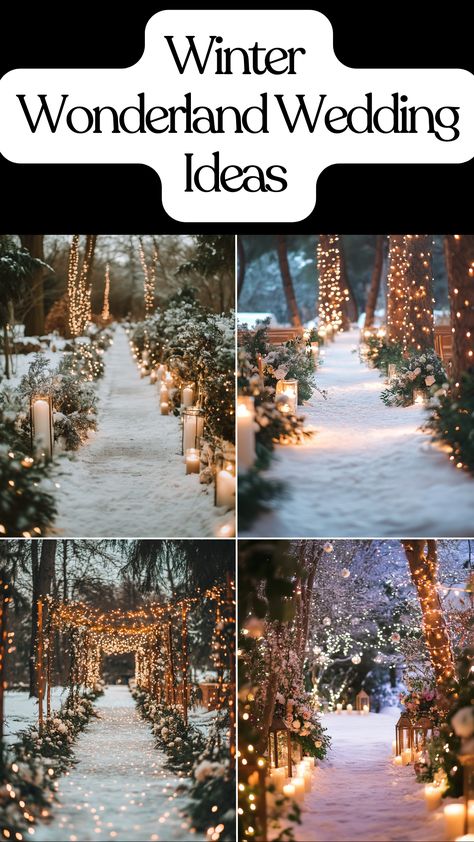 Snow-dusted wedding aisle with fairy lights, greenery, and soft floral accents for a cozy and elegant winter wonderland wedding vibe. Winter Wedding Trees, Winter Wonderland Wedding Flowers, Winter Destination Wedding, Cheap Winter Wedding Ideas, Winter Wedding New England, Winter Tent Wedding, Winter Fairy Wedding, Elegant Winter Wedding Ideas Decorations, Winter Wonderland Engagement Party