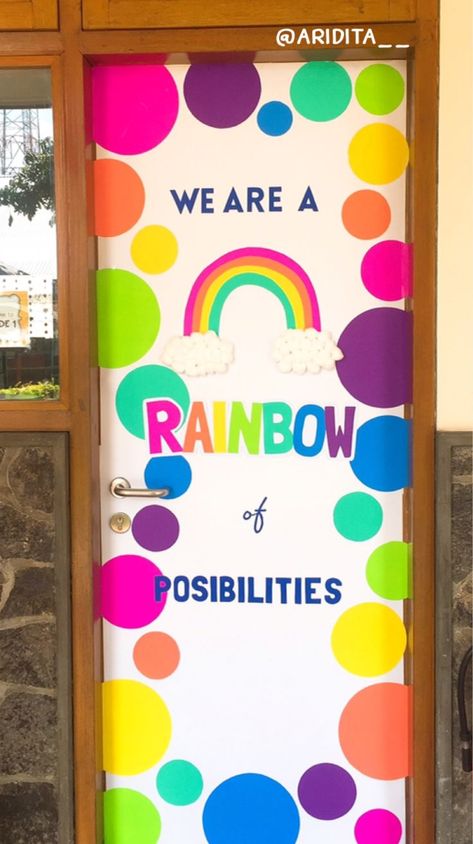 Rainbow Wall Display Classroom, Rainbow Decor For Classroom, Decoration For Doors Classroom, Rainbow Classroom Door Decor, Diy Rainbow Decorations Classroom, Rainbow Theme Door Decoration, Rainbow Classroom Decor Preschool, Special Needs Door Decorations, Rainbow School Decorations