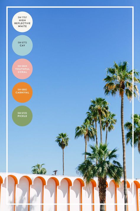 The Color Lover’s Travel Guide to Palm Springs   Joshua Tree | Brit + Co Palm Royale Aesthetic, Palm Springs Color Palette, Desert Modernism, Mid Century Palm Springs, Spring Architecture, Palm Springs Party, Palm Springs Aesthetic, Palm Springs Retro, Rosebud Motel