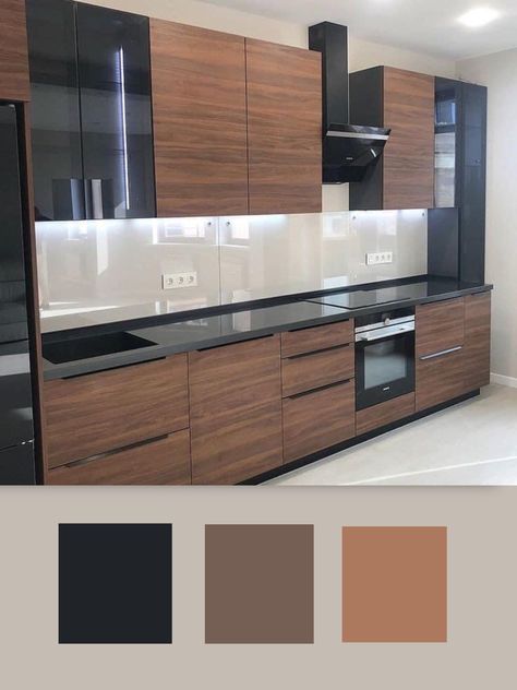 Black And Wooden Kitchen Ideas, Wooden Color Kitchen Cabinets, Wooden Kitchen Cabinet Design, Kitchen Ideas Brown And Black, Wooden Furniture Colour Combination, Wooden Modular Kitchen, Wooden And Black Kitchen, Black And Wooden Kitchen, Wooden Kitchen Cabinets Modern