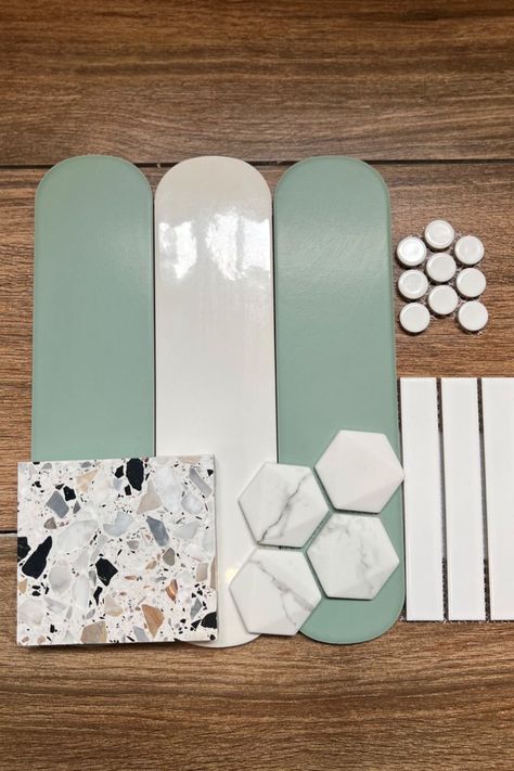 #moodboardmonday means one thing, playing around with new colours, ideas and combinations! Who would have thought our Archi Terrazzo 7 would pair so well with the Granada Sage Matt tile? But it works wonderfully! Find these tiles on our website under: Mosaics- Dotted, HexaStone, Kit Kat Oslo Geometric & Pattern- Granada sage Terrazzo- number 7 Sage Green Mosaic Tile, Terrazzo Bathroom Design Green, Terrazzo Tile Combination, Bathrooms With Terrazzo Floors, Tile Combinations Bathroom Color Schemes, Sage Green Tile Bathroom Ideas, Terazzo Floor Bathroom, Terrazzo Combination, Terrazzo Moodboard