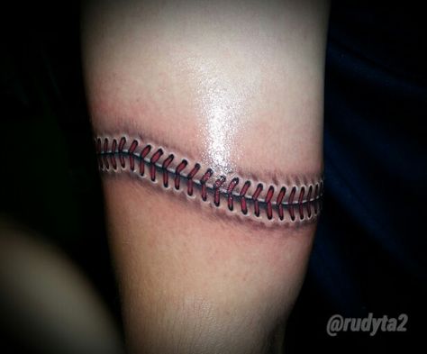 Baseball lace tattoo on arm, tattoo realism, realistic art. Color tattoo. #rudyacosta #rudy #clovisinktattoo #clovisink #tattoo #tattooartist #tattooed #tattooing #tattoowork #besttattoos Baseball Laces Tattoo, Baseball Stitches Tattoo, Softball Tattoos, Baseball Tattoos, Tattoo Realism, Tattoo On Arm, Stitch Tattoo, Mark Tattoo, Baseball Stitch