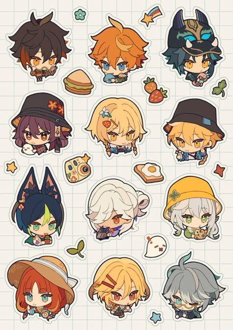 Chibi Sticker Sheet, Genshin Sticker Sheet, Genshin Stickers Printable, Genshin Impact Stickers Printable, Chibi Genshin Impact Characters, Genshin Chibi Art, Tighnari Chibi, Genshin Desktop, Anime Chibi Sticker