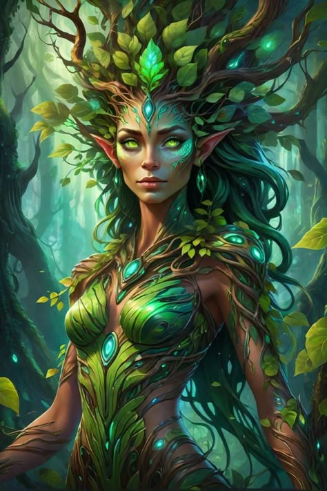 A sleek and enigmatic dryad emerges in a vibrant, intricate digital landscape. Her form is a fusion of nature and technology, with skin resembling shimmering bark and circuitry Her piercing green eyes hold the mysteries of the digital world, while her pixelated leaf cloak symbolizes her connection to the realms of both nature and virtual reality. She is a being of grace and power existing at the intersection of the natural and digital worlds. Forest Homes, Tree Spirits, Mother Nature Tattoos, Tree Spirit, Toys For Men, Forest Spirit, Hd Phone Wallpapers, Oak Trees, Fantasy Races