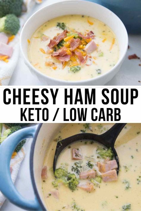 This hearty and delicious Keto Ham Soup recipe is chock full of broccoli and cheese for a cozy and comforting meal. It's easy to make and the perfect way to use leftover ham. keto soup recipes / low carb soup recipes / keto recipes / low carb recipes / #keto #lowcarb Keto Ham Soup, Keto Soup Recipes Low Carb, Soup Recipes Low Carb, Soup Recipes Keto, Soup Tortellini, Ham Chowder, Keto Recipes Low Carb, Ham Soup Recipes, Keto Soup Recipes