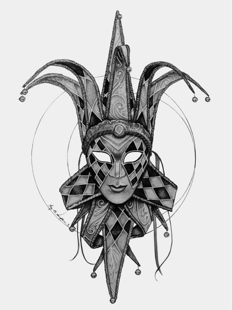 Harlequin Mask Tattoo, Black And White Clown Tattoo, Jester Head Tattoo, Jester Mask Tattoo, Jester Mask Drawing, Jester Tattoo Jokers, Court Jester Tattoo, Jester Sketch, Jester Tattoo Design