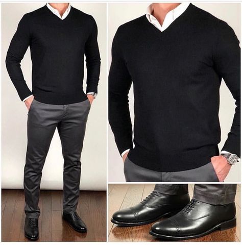 Camisa blanca, suéter negro cuello V, pantalón gris oxford y zapatos negros. Chris Mehan, Elegant Men Style, White Oxford Shirt, Sweater Outfits Men, Mens Business Casual Outfits, Sweater Ideas, Formal Men Outfit, Mens Fashion Wear, Mens Fashion Smart