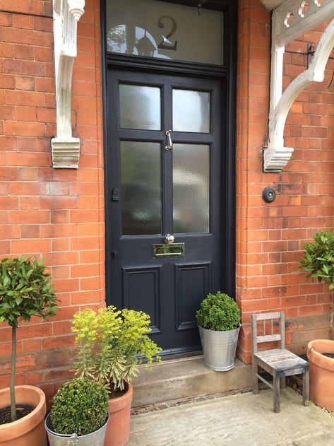 Front door painted in Farrow and Ball Railings Door Canopy Modern, Farrow And Ball Railings, Victorian Front Doors, Front Door Canopy, House Front Door Design, Black Front Doors, Modern Country Style, Door Canopy, Front Door Porch