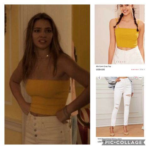 Sarah Cameron Outfits Shein, Outer Banks Themed Outfits, Sarah Cameron Costume, Sarah Cameron Outfits S1, Sarah Outer Banks Outfits, Sarah Obx Outfits, Outer Banks Sarah Cameron Outfits, Yellow Tube Top Outfit, Sara Cameron Outfits