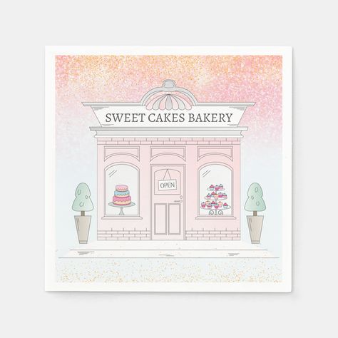 Pink design napkins that is perfect for a bakery or cafe. A beautifully feminine illustrated exterior of a bakery cafe shop, with a hanging sign that says "open" at the front door, framed with planters by the street, an awning, windows and light brick detail, bordered with a pink and gold glitter design. The bakery name is customizable, so make it your own and put your business name on it. A great unique touch to add to your bakery business or cafe for your customers to use. Bakery Door Design, Bakery Names, Awning Windows, Kids Cafe, Cafe Sign, Brick Detail, Light Brick, The Bakery, Bakery Business