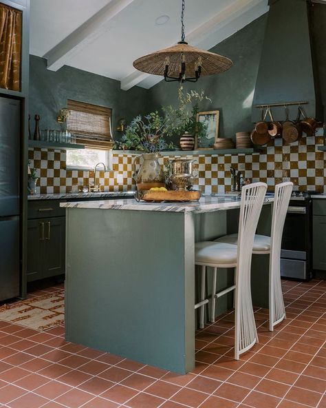 rust colored checkerboard patterned kitchen backsplash Terra Cotta Paint Color, Terracotta Kitchen, Terracotta Paint, Sage Green Kitchen, Kitchen Confidential, Terracotta Floor, Green Paint Colors, Green Cabinets, Green Kitchen