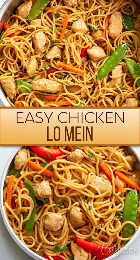 chicken Lo Mein with a mix of vegetables and chunks of chicken Easy Chicken Stir Fry With Noodles, Chicken Lo Mein Recipe Easy, Savory Noodles, Take Out Restaurant, Chicken Lo Mein Recipe, Chinese Meals, Lo Mein Recipe, Cozy Cook, Chicken Lo Mein