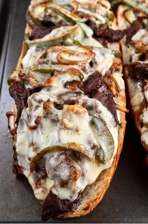 One-Pan Philly Cheese Steak Cheesy Bread For Busy Nights – Tastilly Oven Baked Cheese, Tender Ribeye Steak, Cheese French Bread, Steak And Cheese Sub, Philly Cheesesteak Sloppy Joes, Steak And Cheese, Roast Beef Sliders, Baked Steak, Beef Sliders