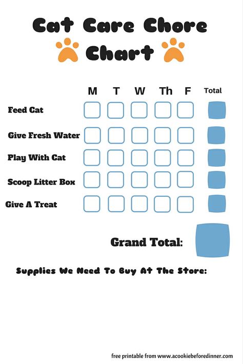 Teaching Kids How To Care For Cats + Printable Cat Care Chore Chart | A Cookie Before Dinner Cat Schedule, Pet Care Chart, Cat Printable, Teachers Corner, Chore Chart Kids, Pet Care Tips, Dog Activities, Chores For Kids, Charts For Kids