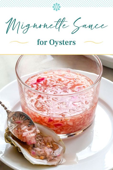 Sauce For Oysters Dipping, Oyster Plating Ideas, Oyster Vinegar Sauce, What To Serve With Oysters, Oyster Party Ideas, Oyster Dipping Sauce, Oyster Minionette Recipes, Grilled Oyster Recipes, Oyster Vinaigrette