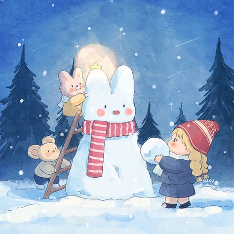 Kawaii Winter Illustration, Winter Cute Drawing, Winter Children Illustration, Snowman Illustration Cute, Christmas Animation Illustration, Sledding Drawing, Christmas Background Drawing, Christmas Oc Art, Snowmen Illustration