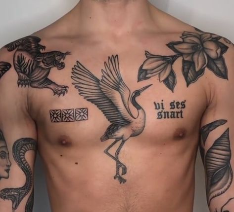 Crane Tattoo Men, Crane Neck Tattoo, Mens Inner Arm Tattoo, Small Upper Chest Tattoo, Crane Chest Tattoo, Old School Tattoo Chest, Upper Body Tattoos Men, Upper Leg Tattoo Men Thigh Piece, Left Chest Tattoo Men