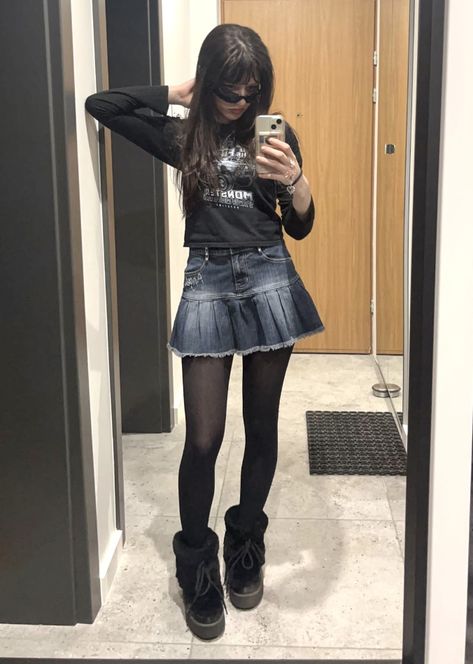 #y2k #outfit #skirt #jeans #summer #summeroutfit Jean Skirt Black Tights, Denim Skirt With Stockings Outfit, Denim Skirt Grunge Outfit, Alt Jean Skirt Outfits, Grunge Jean Skirt Outfits, Y2k Outfit With Skirt, Short Jean Skirt Outfits Y2k, Black Skirt Outfit Grunge, Skirt With Jeans Underneath