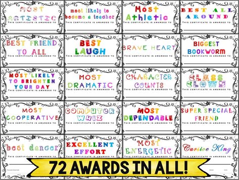 Class Awards Ideas, Kindergarten Awards, Awards For Students, Funny Awards Certificates, Candy Awards, Classroom Awards Certificates, Candy Bar Awards, Camp Awards, School Awards Ceremony