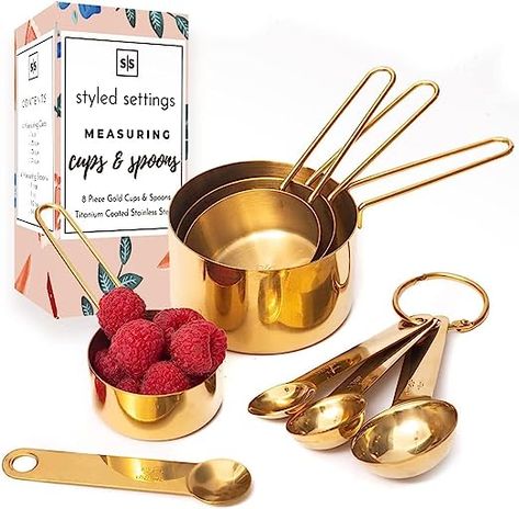 Amazon.com: Gold Measuring Cups and Spoons Set - Stackable, Stylish, Sturdy 8-Piece Gold Measuring Cups and Gold Measuring Spoons Set - Cute Measuring Cup Set, Gold Kitchen Accessories, Gold Kitchen Utensils: Home & Kitchen Gold Measuring Cups, Gold Kitchen Utensils, Baking Gift Set, Gold Kitchen Accessories, Baking Measurements, Modern Kitchen Accessories, Stainless Steel Measuring Cups, Measuring Cups And Spoons, Kitchen Strainer