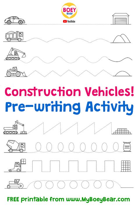 Free printables worksheet to practice pre-writing skills. Activities for preschoolers, toddlers and eyfs to encourage fine motor skills at home by either using their pointing finger or a pencil, to trace along the lines. Featuring construction vehicles/trucks for little fans of excavators, dump trucks, cement mixer trucks, cranes, etc. #prewriting #freeprintables #activitiespreschool #worksheetsfree #finemotor #finemotorskills #finemotoractivities #finemotorskills #athome #toddler #preschooler Pencil Practice Preschool, Pre Writing Skills Worksheets, Pre Writing Lines Free Printable, Excavator Activities Preschool, Preschool Writing Activities Printables, Construction Activities For Kindergarten, Pre Writing Worksheets Free Motor Skills, Free Prewriting Printables, Trace The Lines Preschool Printables