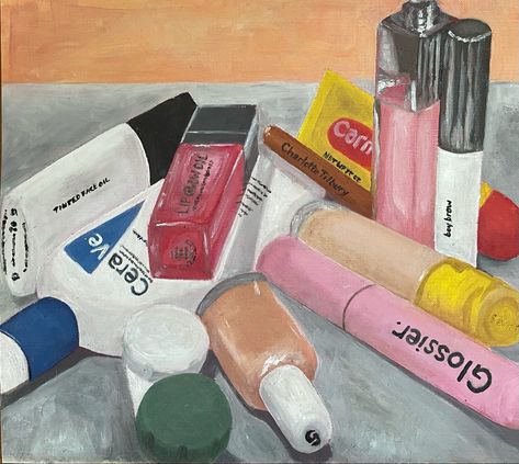 Oil painting Object Oil Painting, Still Life Painting Acrylic Simple, Makeup Still Life Painting, Oil Painting Objects, Painting Ideas Objects, Everyday Objects Art Gcse, The Mundane Art, Lc Art Project, Oil Stick Painting