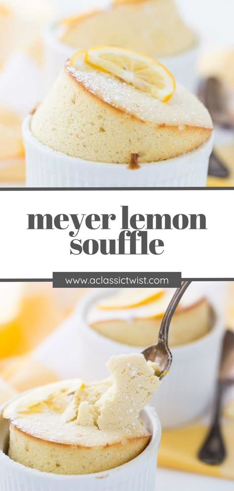 You know I have a thing for Meyer lemons and just can’t resist their sweet and tart flavor - and they're just perfect in a lemon soufflé! Lemon Souffle Recipes, Souffle Recipes Dessert, Meyer Lemon Desserts, Mini Puddings, Vanilla Souffle Recipes, Souffle Dessert, Souffle Recipes Easy, Lemon Souffle, Ramekin Dessert