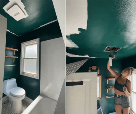 Cozy Green Bathroom Transformation: Painted Walls & Ceiling Dark Green Bathroom Walls And Ceiling, Ceiling Painted Bathroom, Dark Ceiling Light Walls Bathroom, Dark Green Bathroom Ceiling, Bathroom Ceiling Painted Same As Walls, Small Bathroom Painted Ceiling, Painted Bathroom Ceiling Ideas, Dark Bathroom Ceiling, Green Ceiling Bathroom