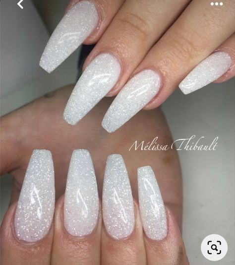 All White Glitter Nails, White Sparkly Acrylic Nails Coffin, White Sparkly Winter Nails, White Sparkling Nails, White Sparkle Nails Glitter, Nails White With Glitter, Sparkly White Acrylic Nails, White Sparkly Acrylic Nails, White Glittery Nails