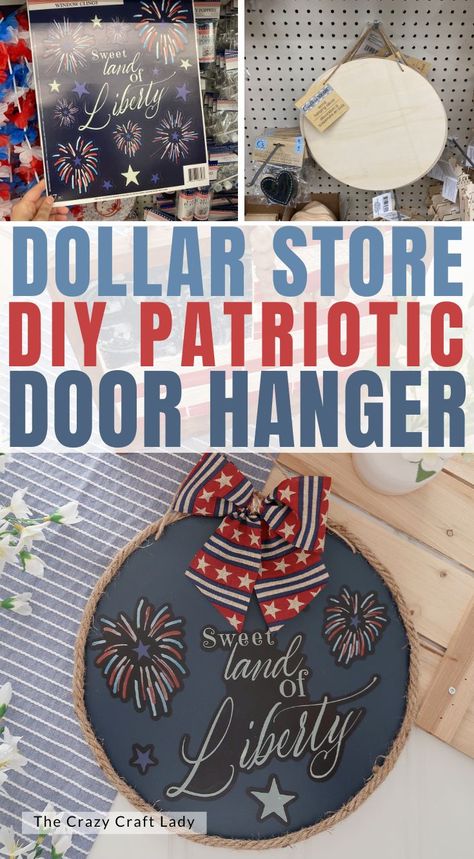 Grab a plain wood round door hanger and some 4th of July window clings �– and make this Dollar Store Patriotic Door Hanger. 4th Of July Door Hanger Diy, Diy Fourth Of July Crafts, American Flag Crafts, Patriotic Door Hanger, Chalk Crafts, Flag Crafts, Round Door Hanger, Hanger Crafts, Door Hangers Diy