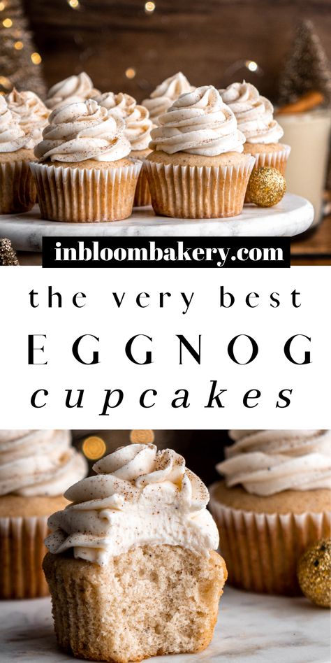 Soft and tender eggnog cupcakes topped with nutmeg cream cheese frosting. Eggnog Frosting Recipe, Mm Cupcakes, Eggnog Frosting, Eggnog Cupcakes, Eggnog Dessert, Eggnog Cake, Christmas Cupcakes Recipes, Homemade Eggnog, Eggnog Recipe