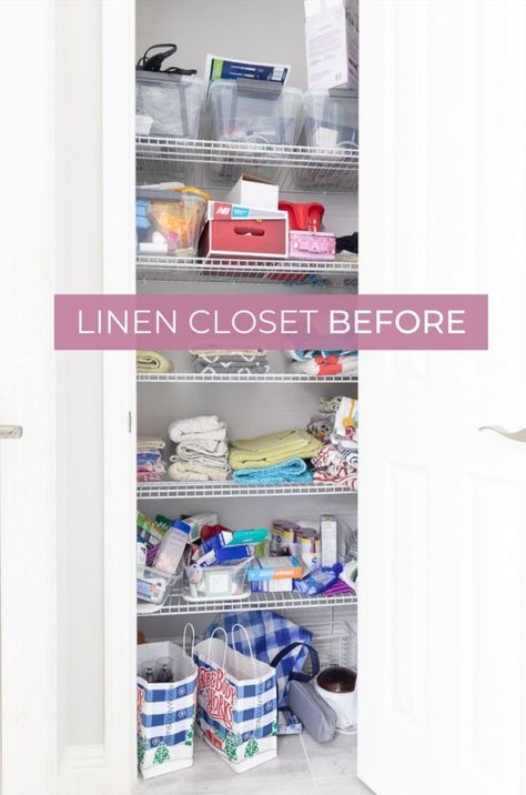 Do you want to makeover a linen closet and organize it beautifully? This post is for you! This organization idea and design uses bins and baskets to provide plenty of storage options on the linen closet shelves. Sheets, towels, travel accessories, hair appliances, medicines, and more are all neatly stored. DIY lables are used for easy identification. This linen closet organization layout is perfect for a small hallway or bathroom closet. Details available in the post at www.smileandacoffee.com Closet Organization Layout, Small Bathroom Closet Ideas, Organize A Linen Closet, Linen Closet Organization Hallway, Hall Closet Organization, Linen Closet Design, Linen Closet Shelves, Small Closet Organization Ideas, Closet Redesign