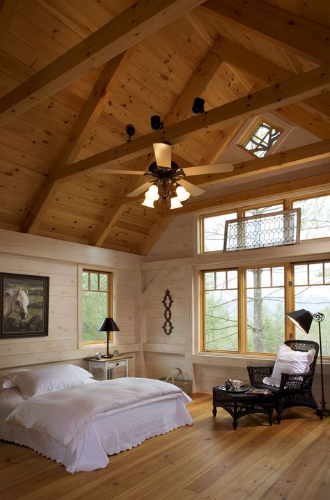 Winter Residence Post And Beam Bedroom, Post And Beam Interiors, Great Room Addition, Dining Room Addition, Dream House Bedroom, Post And Beam Home, Log Cabin Ideas, Cabin Interiors, Rustic Home Design