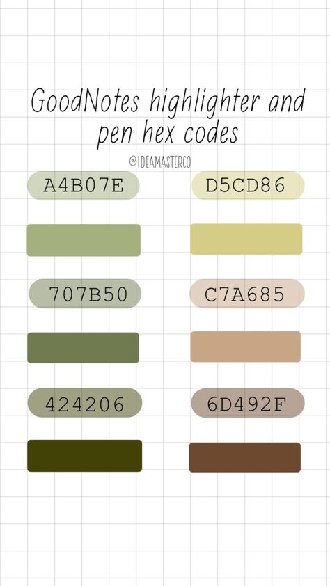 Highlighter Palette Goodnotes, Goodnotes Colour Palette For Notes, Color Palette For Note Taking, Good Notes Hex Codes Pen, Aesthetic Color Palettes Hex Codes Goodnotes, Aesthetic Color Palettes With Hex Code, Hex Color Palette Goodnotes, Sage Green Hex Code, Green Color Palette Hex Codes