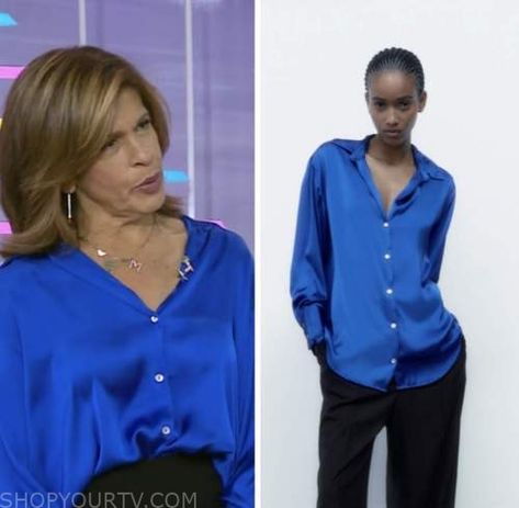 The Today Show: October 2022 Hoda Kotb's Blue Satin Shirt Blue Satin Shirt Outfit, Blue Satin Shirt, Satin Shirt Outfit, Hoda Kotb, Where To Buy Clothes, October 2022, Fashion Tv, Satin Shirt, Today Show